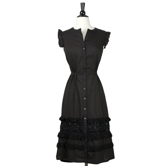 Frock Shop | Black Button Front Lace Hem Dress - Picture 1 of 4